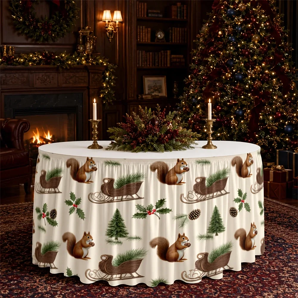 Table skirt / tableskirt - Winter - Forest - Squirrel - Sleigh - Pine tree - Berry - Christmas - Festival - Party table skirt