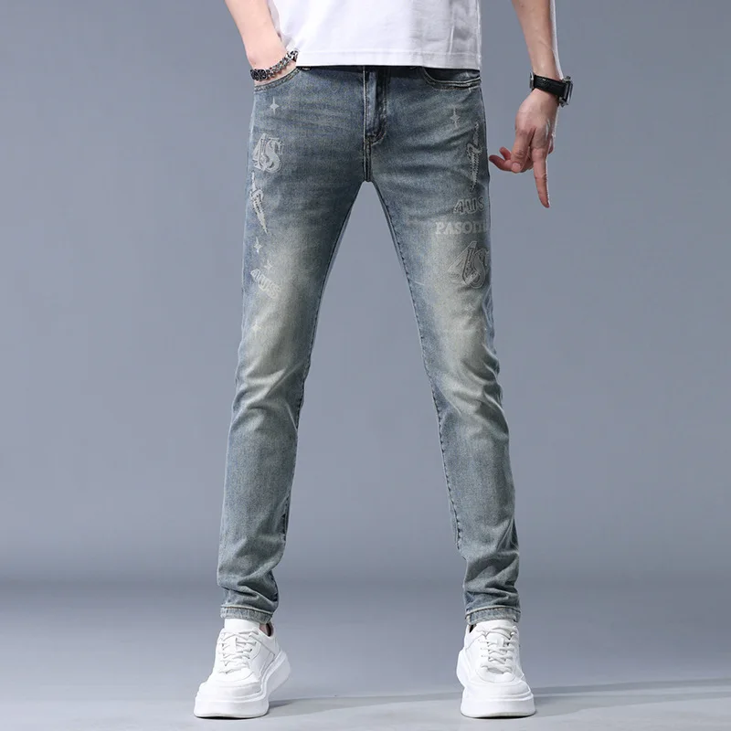 Fashion Rhinestone Printed Jeans Men 2024 New Summer Thin Elastic Light Luxury Versatile Casual Slim Fit Long Skinny Pants