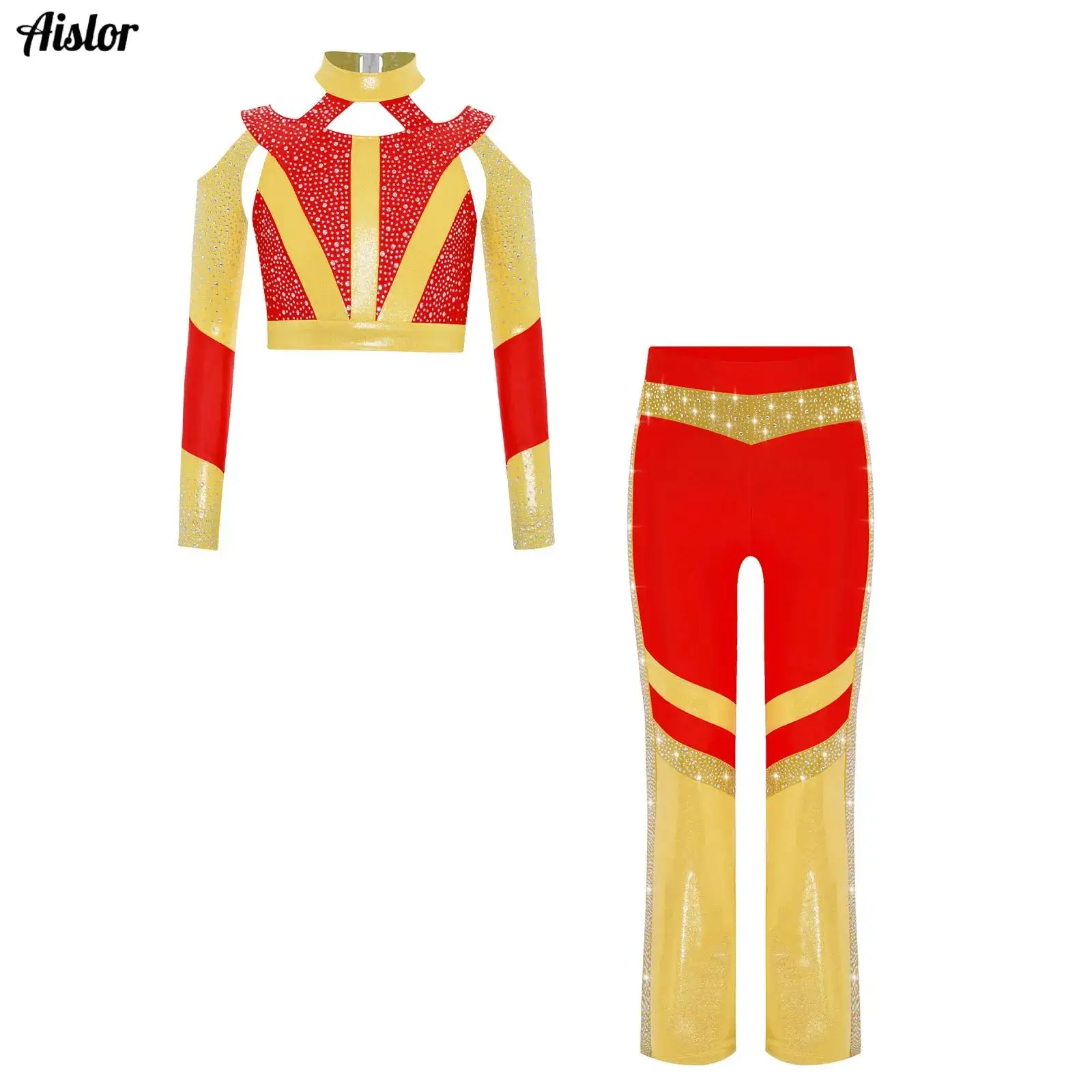 

Kids Girls Gymnastics Acrobatics Dance Costume Set Shiny Rhinestones Color Block Cross Back Cutout Crop Top with Flared Pants