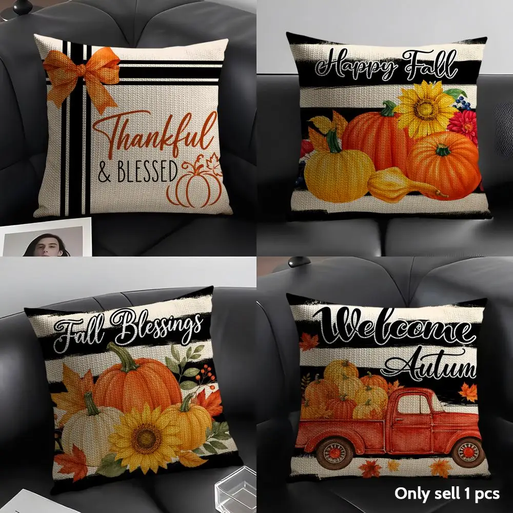 Pumpkin & Black Stripes Cushion Cover Natural Linen Pillow Case Organic Fabric Double Sided Print Sofa Home Decor Gift