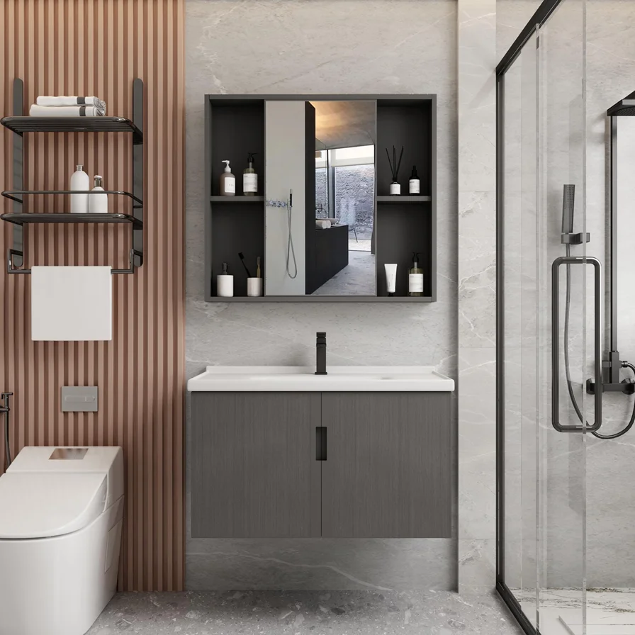 Bathroom CabinetModern Hotel 24 30 Inch Aluminum Light Grey Mirrored Floating Wall Mounted Cabinet Bathroom Vanity With Sink