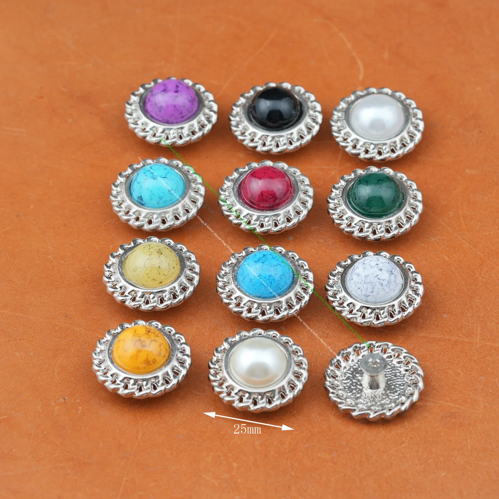 10pcs 25mm Bling Silver Round Chain Side Turquoise Beads Leathercraft Blet Leather Metal Button Concho DIY Accessories Screwback