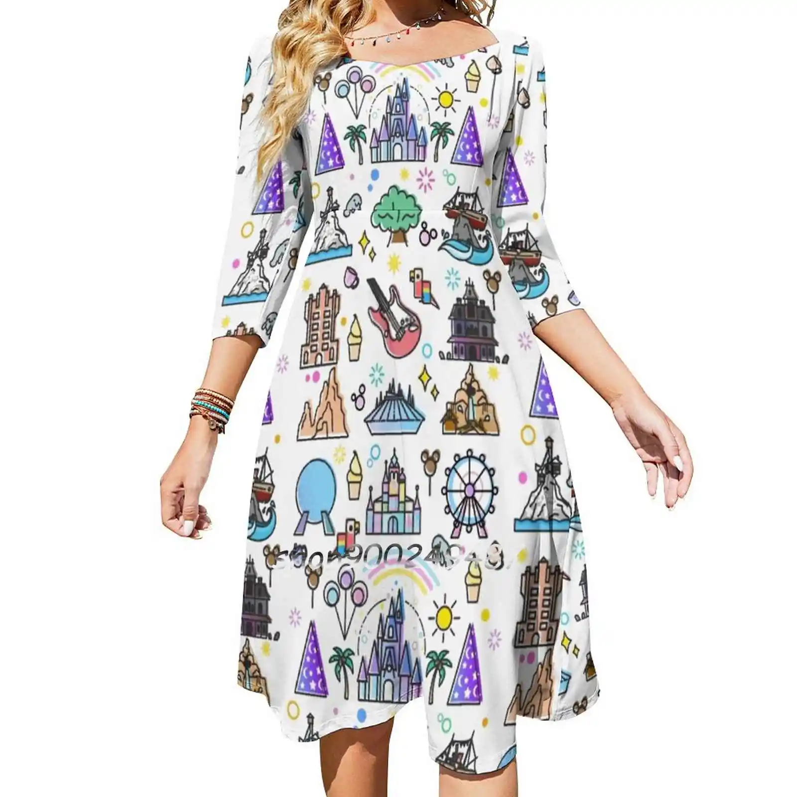 Happiest Place On Earth Collection. It'S A Small World , Sweet Elegant Dress Women Korean Kawaii Square Collar Dress Happy