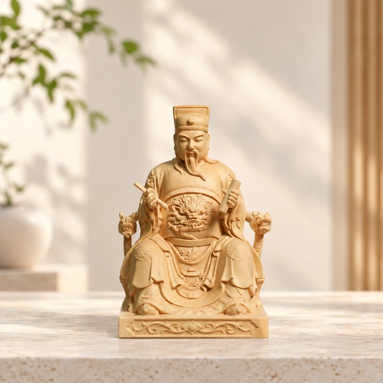 Hand Carved Wood Chinese City God Judge Statue Traditional Feng Shui Home Altar Living Room Tabletop Spiritual Decor Gift