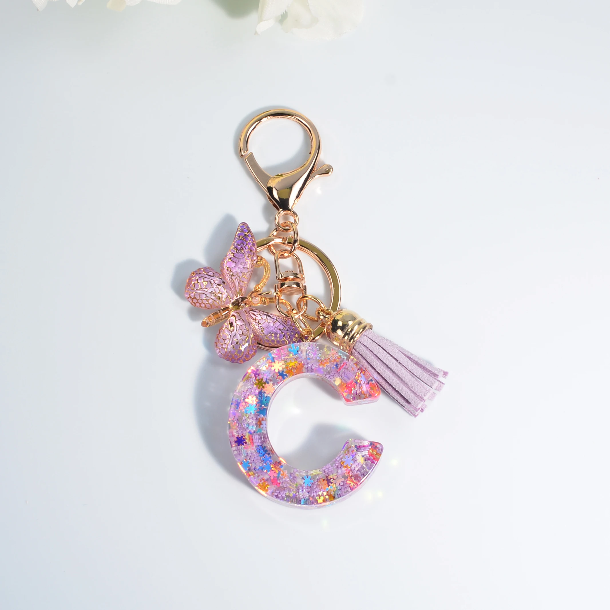 Exquisite A-Z 26 letter resin butterfly keychain, purple snowflake sequin filled letter keyring, car keychain pendant