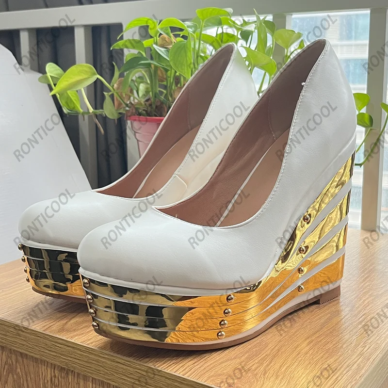 

Ronticool Весенние туфли-лодочки ручной работы, пикантные туфли на танкетке с круглым носком, великолепные туфли для вечеринок золотого, серебряного цвета, женские размеры США, большие размеры 5-20