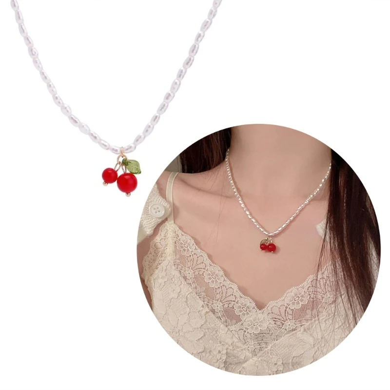 

Fashion Cherry Pendant Necklace Choker Neck Chain Elegant Imitation Pearl Collar