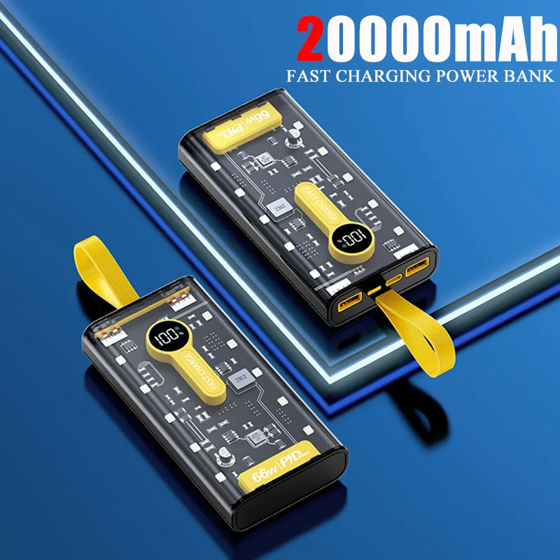 

Power Bank 20000 мАч 66 Вт Быстрая зарядка Встроенные кабели Портативное зарядное устройство Powerbank Внешний аккумулятор для iPhone Xiaomi Samsung