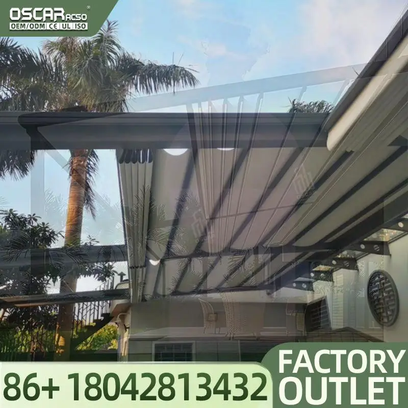 Toldo retráctil motorizado con revestimiento de PVC y luces LED Pérgola de dosel retráctil junto a la piscina para patio al aire libre