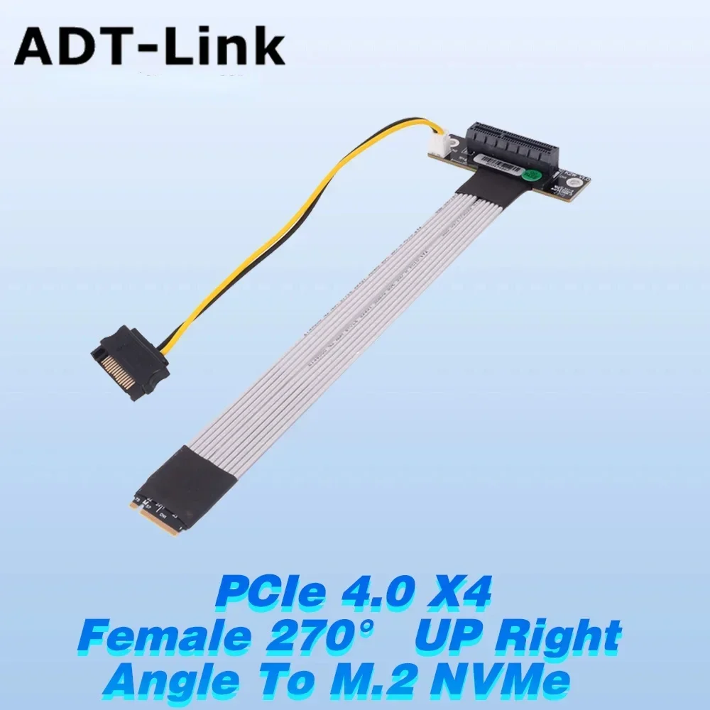 ADT-Link M.2 NVME to PCIE 4.0 x4 Riser Cable For PCIe x4 SSD RAID, LAN, Capture Cards to M.2(ultra SSD, M-Key) M2 Extension Gen4