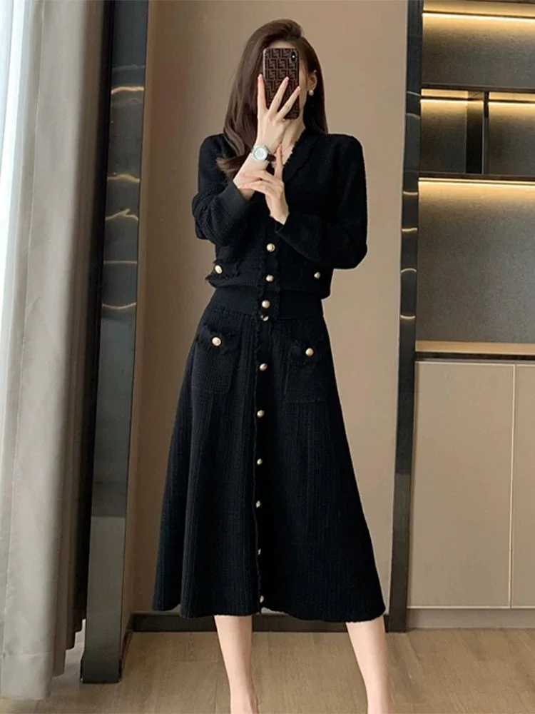 French New Autumn Winter Knitted Cardigan 2 Piece Set Women V Neck Single Breasted Tassel Sweater Coat + Pokcets Midi Skirt Suit