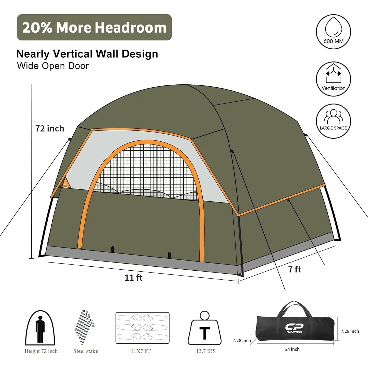 Tent 6Person Camping Tents Waterproof Windproof Family Dome Tent with Rainfly Large Mesh Windows Wider Door