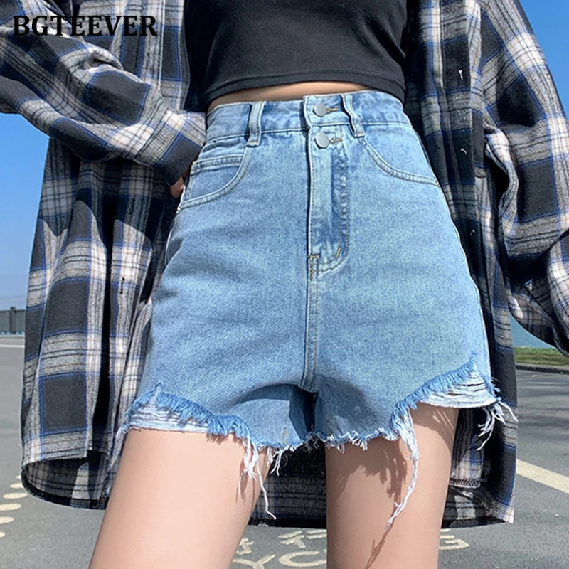 

BGTEEVER летние тонкие женские джинсовые шорты с двойной пуговицей, модные YSK, женские широкие джинсовые шорты с высокой талией и кисточками