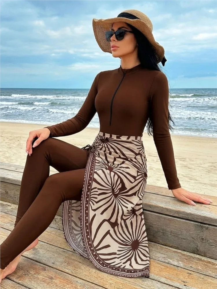 Retro Bikini Printed Fashion 3 Piece Swimsuit And Cover Up Pants With Skirt Tight Women's Bandage Summer Beach Luxury Elegant