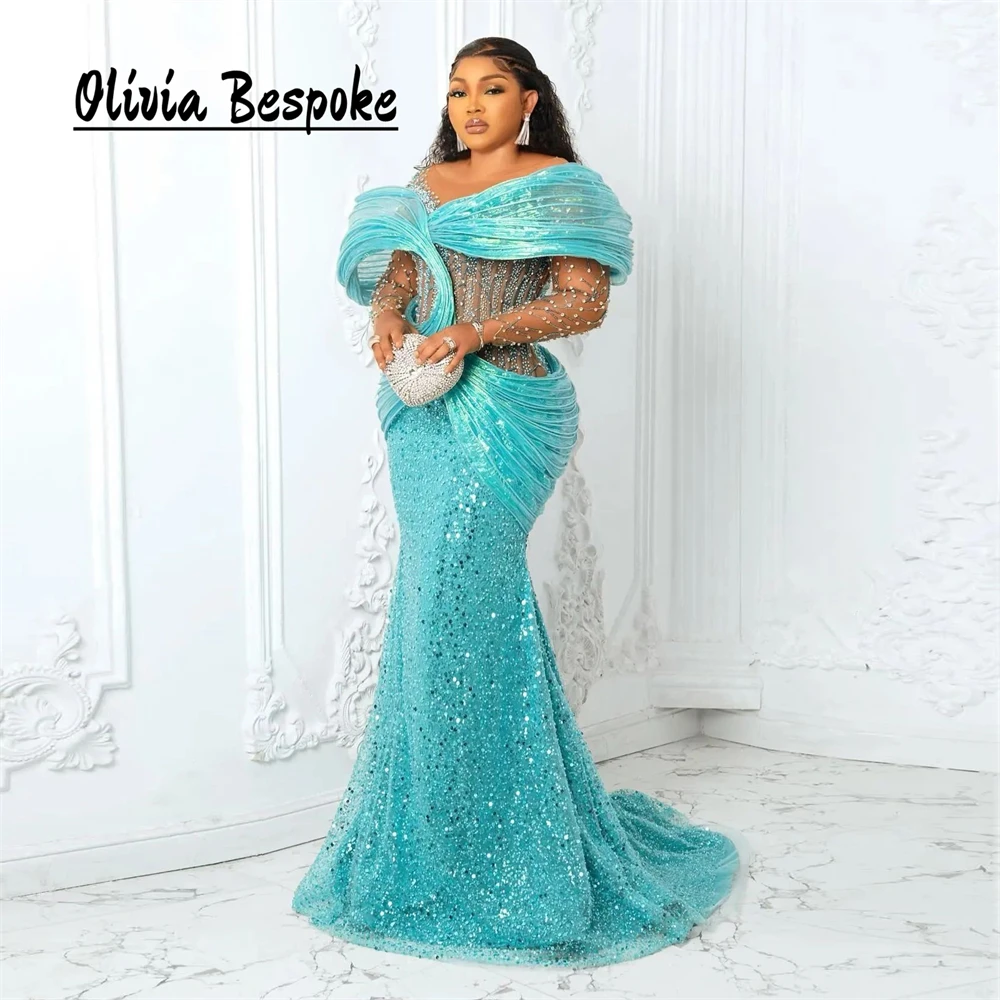 Abbagliante blu perline Aso Ebi abiti da sera spalle arricciate maniche lunghe abiti da festa eleganti africani per le donne 2024 sirena