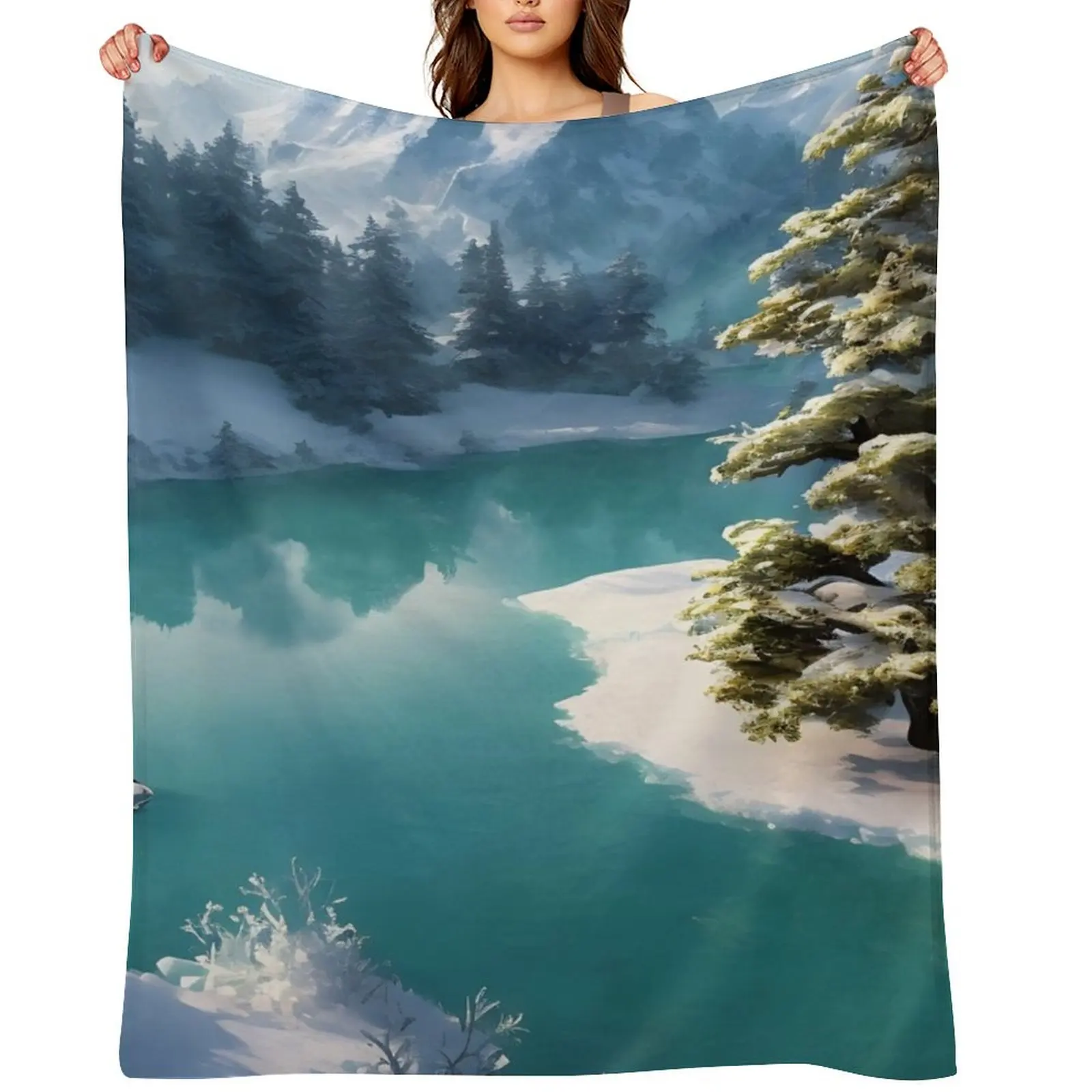 

Snowy Tree Lightblue Lake Winter Landscape Throw Blanket Bed covers Blankets For Baby Decorative Sofas Beautifuls Blankets