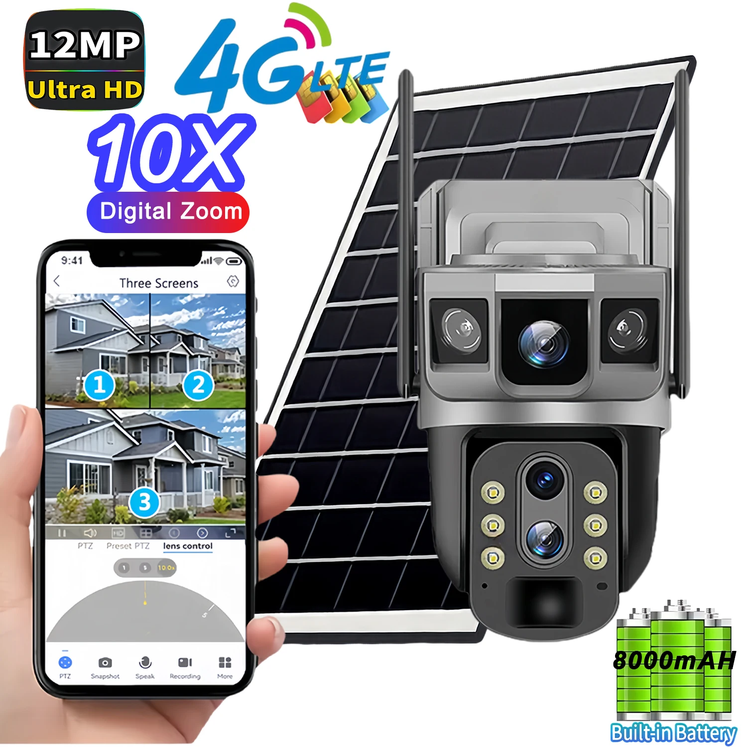 Telecamera solare PTZ wireless da 12 MP con doppia lente e tre schermi, telecamera IP da esterno con pannello solare, rilevamento umano tramite sensore PIR, telecamera di sicurezza per la