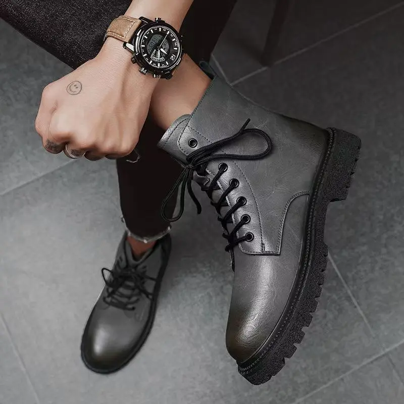 الرجال الخريف الشتاء جلد طبيعي حجم كبير عالية أعلى أحذية العمل سميكة وحيد عدم الانزلاق عالية الجودة سحابات النمط البريطاني حذاء بوت بطول الكاحل #6