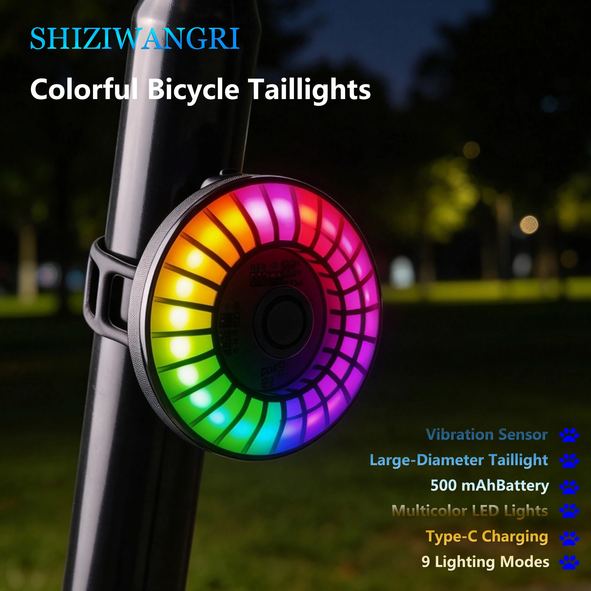 1Set Colorful Bicycle Tail Light Motion Sensor Bike Rear Light 9 Modes Type-C Charging 500mAh Cycling Warning Taillight For Bike