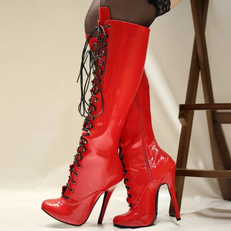 CACA 14cm Heel  Women Knee High Boots,Fetish Men SM Cosplay Shoes,Patent Leather Long Botas,Lace-up,Custom Size,Red,Dropship