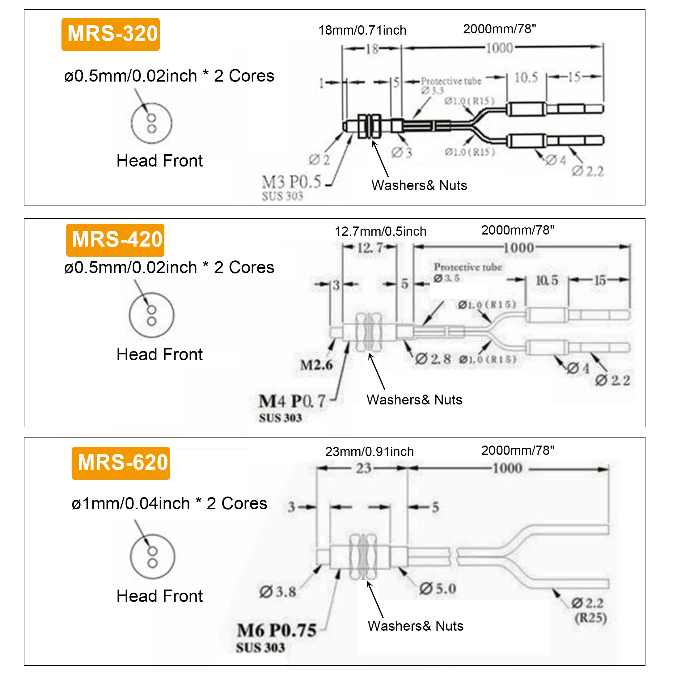 مستشعر الألياف الضوئية مع كابل طويل 2 متر لمكبر الصوت الكهروضوئي التبديل منتشر عاكس من خلال شعاع M3 M4 M6 #4