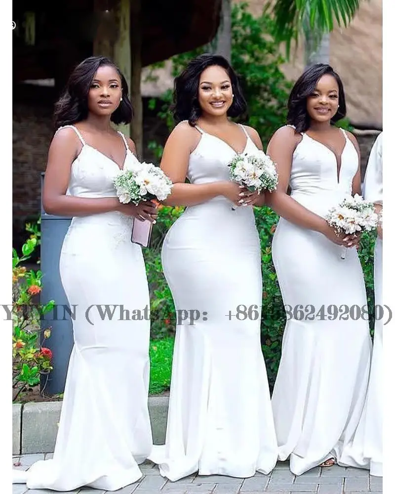 

White Mermaid Bridesmaid Dresses with Spaghetti Straps for Black Girls Vestido De Fiesta De Boda Robe Du Soiree