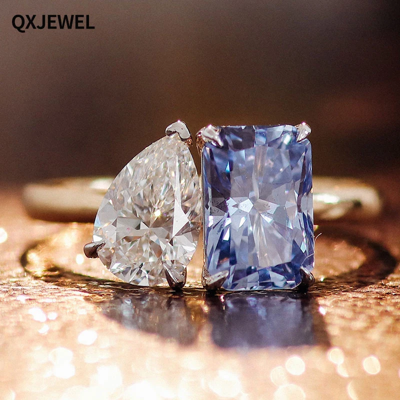 

QXJEWEL Lab Grown Light Sapphire And D Color Moissanite Ring Radiant&Pear Cut In 14k Soild Gold For Women Wedding Proposal