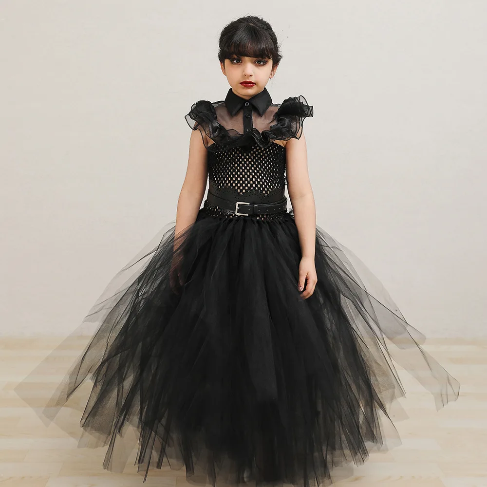 2026 Theeper Black Mesh Long Tutu Dress Halloween Party Witch Performance Outfit Gothic Princess Fancy Dress Carnival Stage Wear