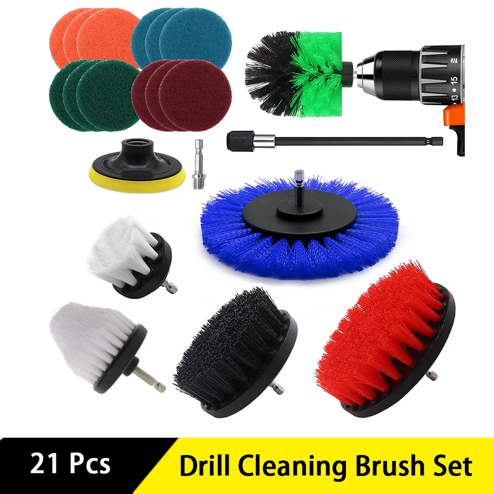21 Pcs Drill Cleaning Brush Set with Cordless Screwdriver Brush Scrub Pad for Cleaning Sofas Kitchens Bathrooms Bathtubs Sinks