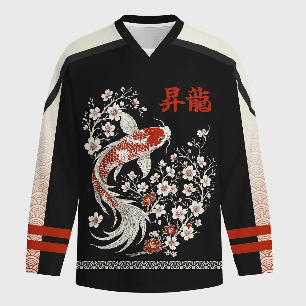 Good Luck Koi Men's and Women's Long Sleeved Jerseys, T-shirts for Children's Couples, Loose Fitting Street Japanese Style Tops