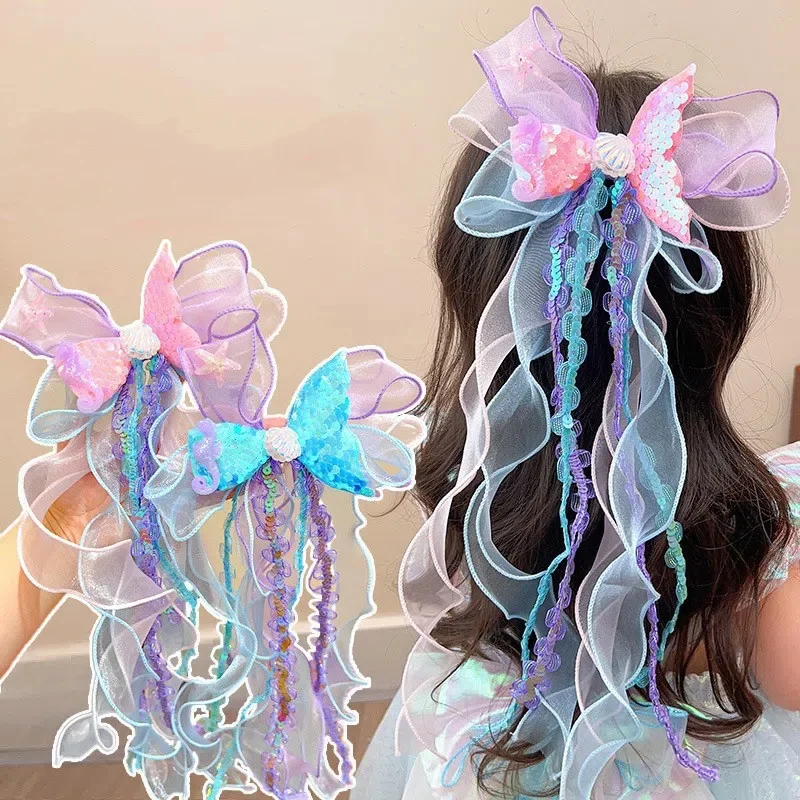 Mermaid Princess Big Bow Ribbon Children's Hair Accessories Weaving Hairclip Headwear Girls Princess Hairclip Children's Headwea