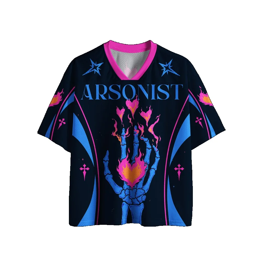 Gothic Football Jersey Vintage Print V‑Neck Short Sleeve Cropped Jersey Y2K Alt Punk Streetwear Harajuku Oversized Sport Tee