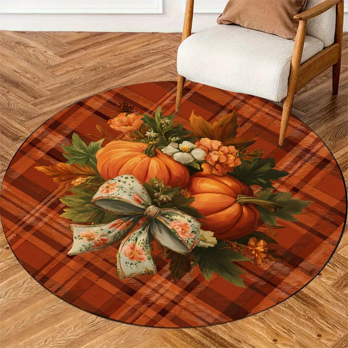 1pc Autumn Harvest Round Mat Plush Soft Floor Mat With Plaid Pumpkin Floral Design In Orange Brown Green Beige Non Slip Backing For Living Room Bedroom Entryway Fall Home Decor Thanksgiving Halloween Decoration Machine Washable Circular Mat Extra Large Fa