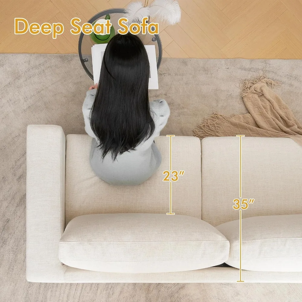 

85" Modern Sofa Couches for Living Room, 3 Seater Sofa, Natural Linen Deep Seat Sofa with Upholstered Cushion