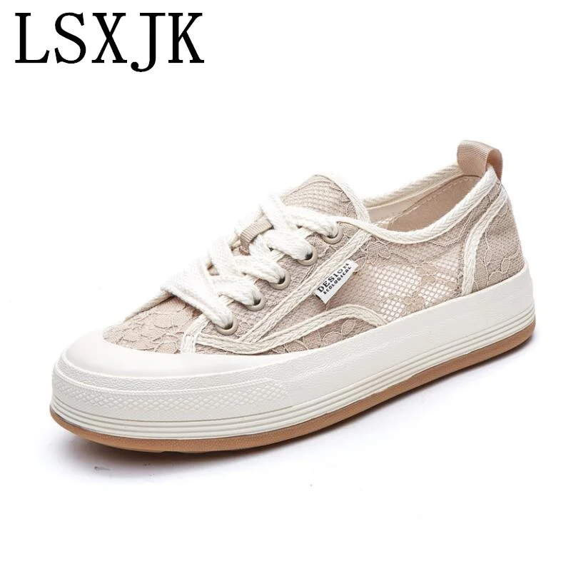 LSXJK Genuine Leather Sandals Woman Summer 2022 Breathable Mesh Small White Shoes Sneakers Lace Fisherman Casual Sports Shoes