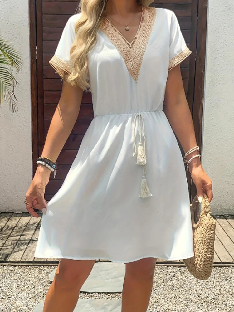 Einfarbiges A-Linien Midikleid für Damen Lässiges Lockeres Kurzes Modisches Sommerkleid Elegantes Vintage Damenkleid