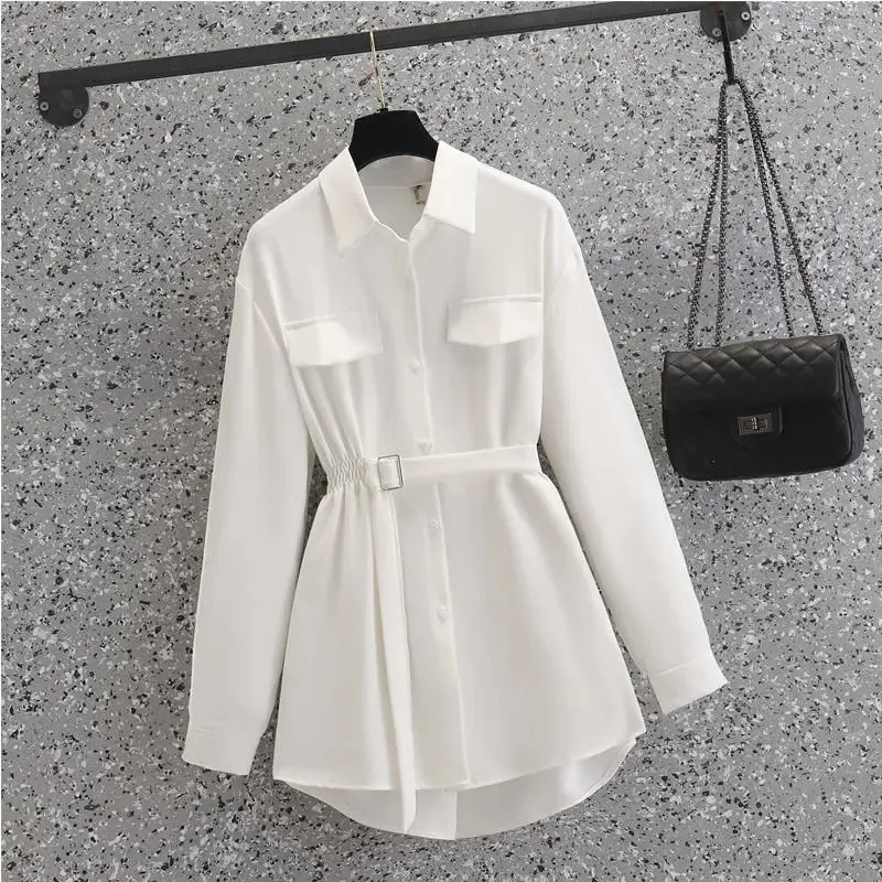 

2024 New Spring Summer Autumn Shirt Blouse Female Fashion Khaki White Black Women's Shirt Mid Length Soft Belt Casual Tops