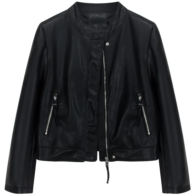 2025 Spring and Autumn New Women's Leather Jacket Stand Up Collar Short PU Jacket