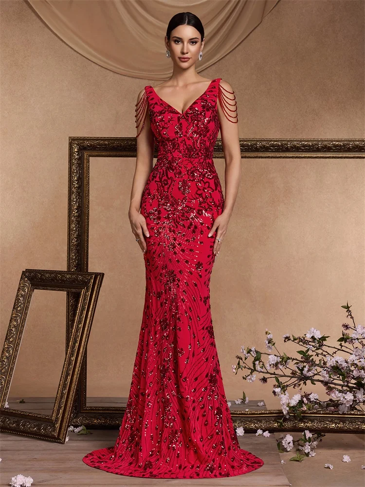 Elegant Deep V-Neck Red Sequin Formal Evening Dresses Women Beading Wedding Party Mermaid Cocktail Prom Graduation Gown