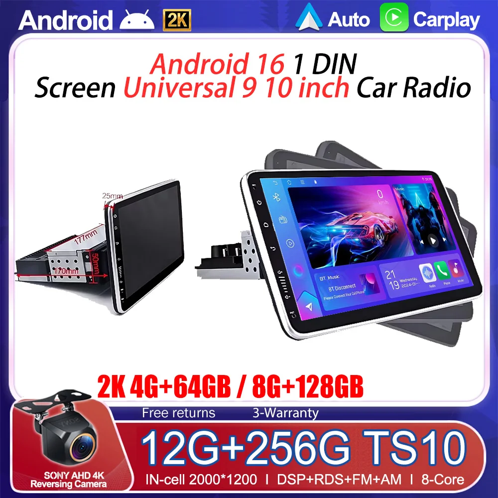9-10-calowe radio samochodowe z Androidem 16, 1 Din, Carplay, Android Auto, uniwersalny odtwarzacz multimedialny, QLED, BT, RDS, AHD, GPS, WIFI, Autoradio, 8 rdzeni
