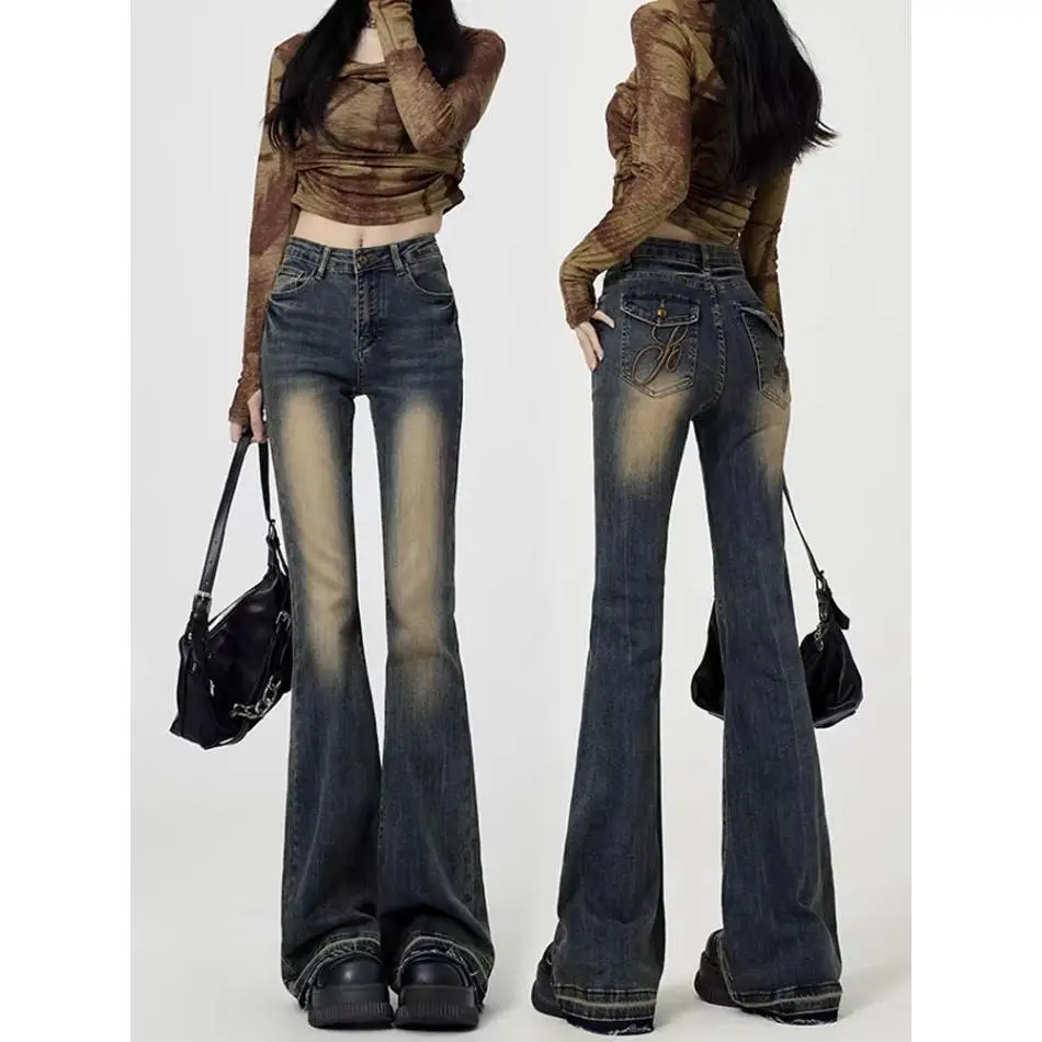 

Retro Blue Bell Bot Jeans Women's American High Waist Slimming Embroidery Large Size Frayed Bootcut Pants Casual Sle