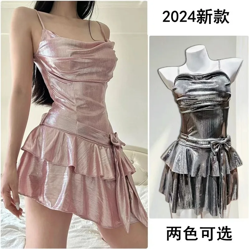 

24 New Swimsuits For Hot Girls, Sexy And Irregular Ruffle Edge Hanging One-piece Women, Pink Glossy Slim Fit Pleated Swimsuit