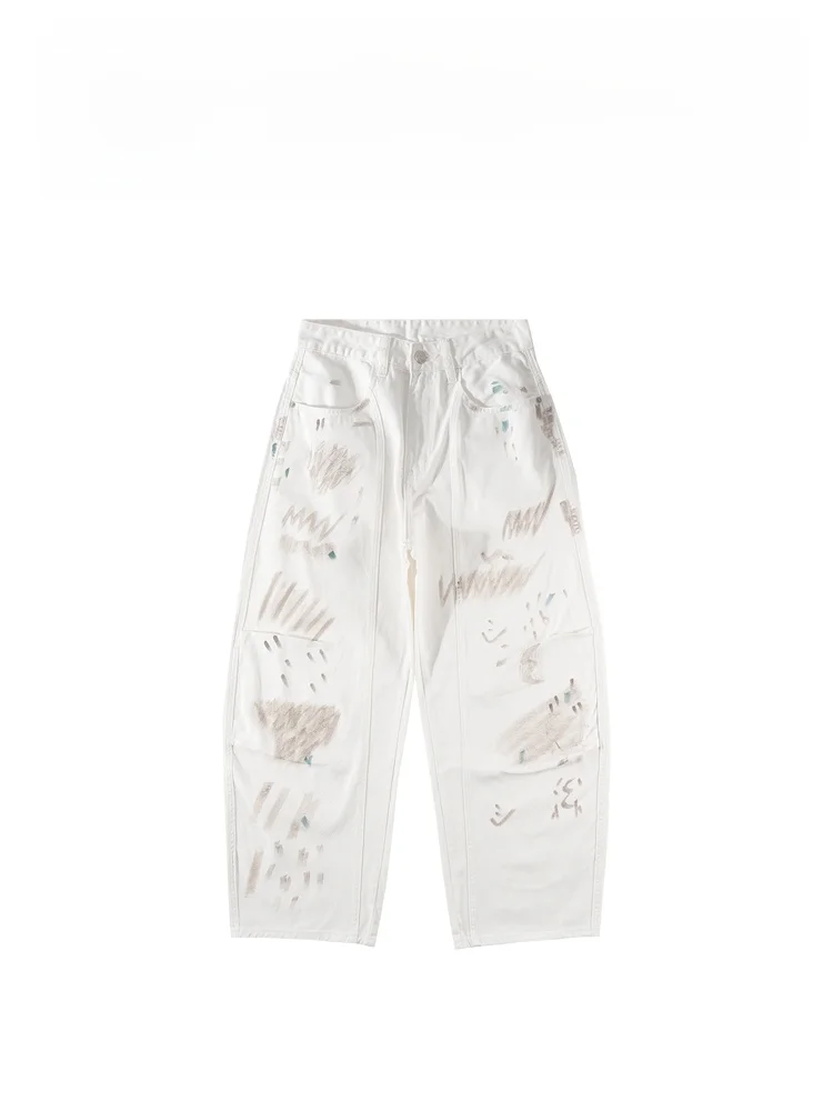 

BAIRBAOLIY American Sle Hand-Painted White Jeans Men Women Straight Leg Spring Summer Faion Retro Loose Knife Pants