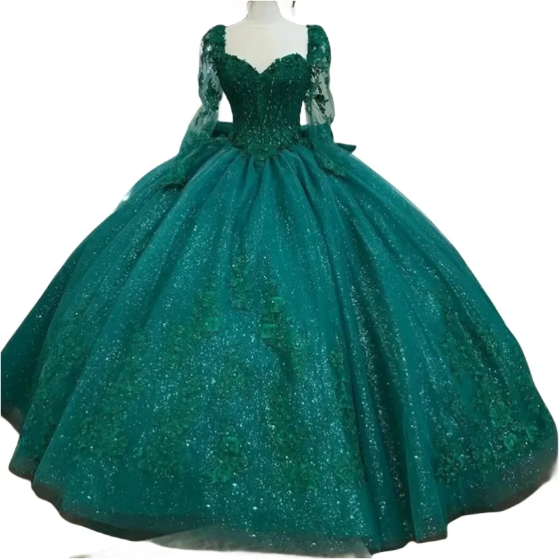 Custom Made Emerald Green Long Sleeve Quinceanera Dress Ball Gown Lace Sweet 16 15 Prom Birthday Party Wear Vestidos De XV Anos