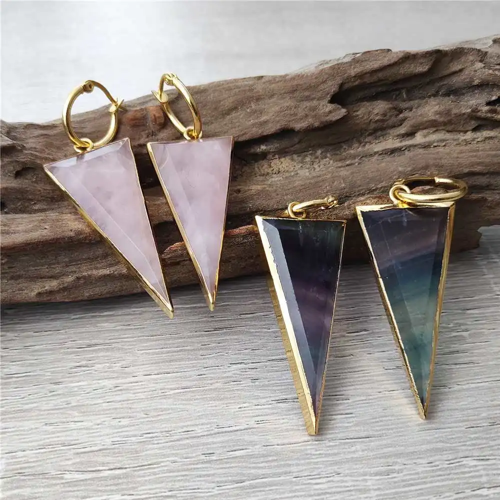 FUWO Whoelsale Gemstones Triangle Shaped Earrings,Golden Plated Handmade Fluorite/Crystal Point Ear Hoop Jewelry ER430M 5Pairs