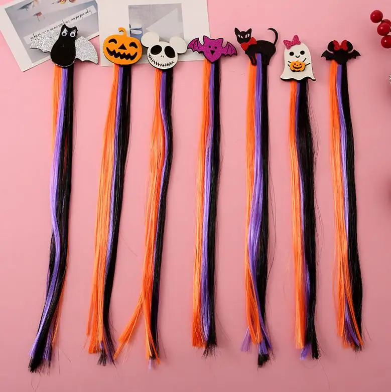 Halloween Hairclips with Hair Extensions Costume Party Decor Wig Braided Ponytails Pumpkin Ghost Bat Wing Cat Witch Hat 50pcs