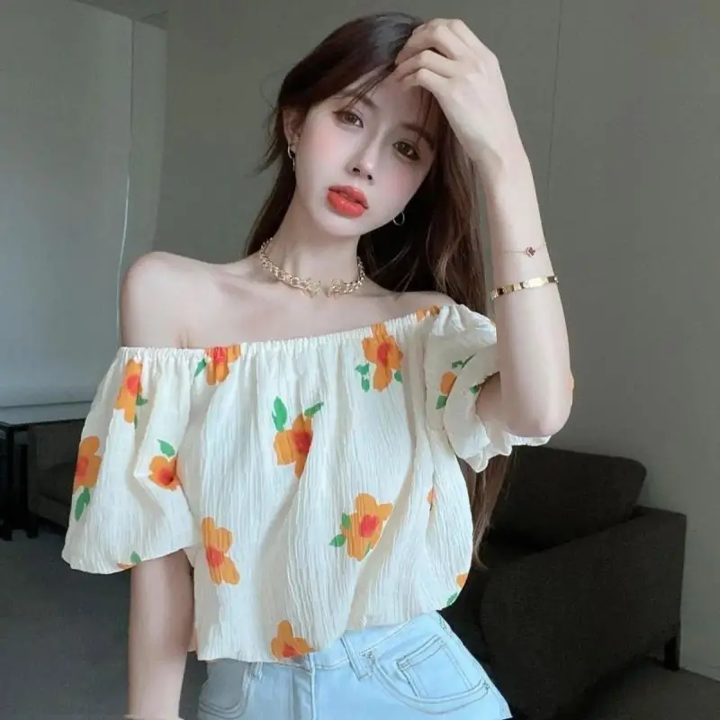 Women Summer Fashion Loose Sweet Cute Floral Slash Neck Short Sleeve Chiffon Shirts Women Clothes Casual All-match Trend Top Tee