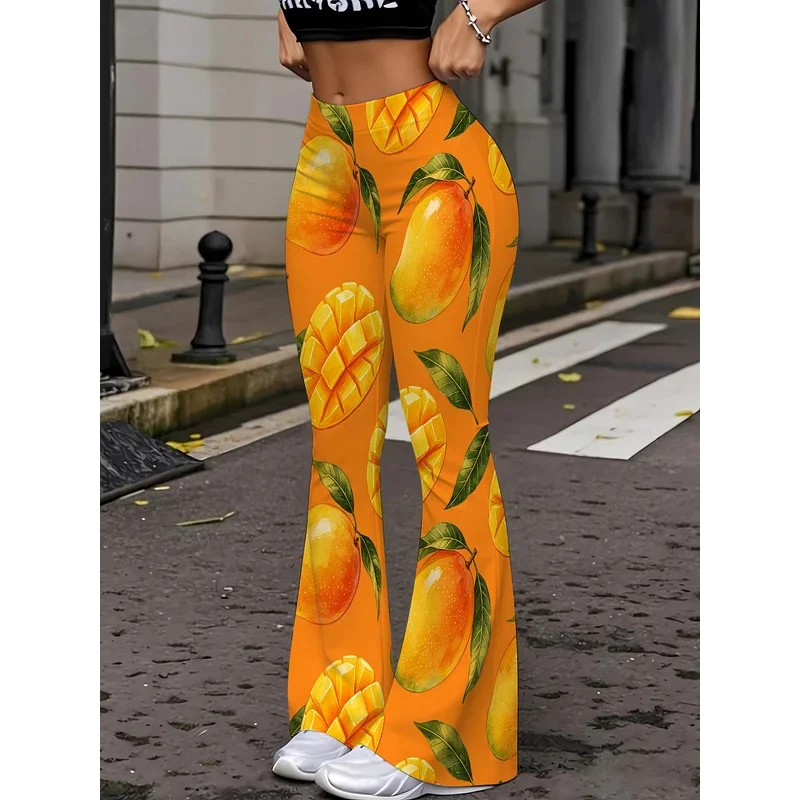 2026 Summer Tropical Fruit Flare Pants Women High Waist Casual Beach Bell Bottom Streetwear Pants