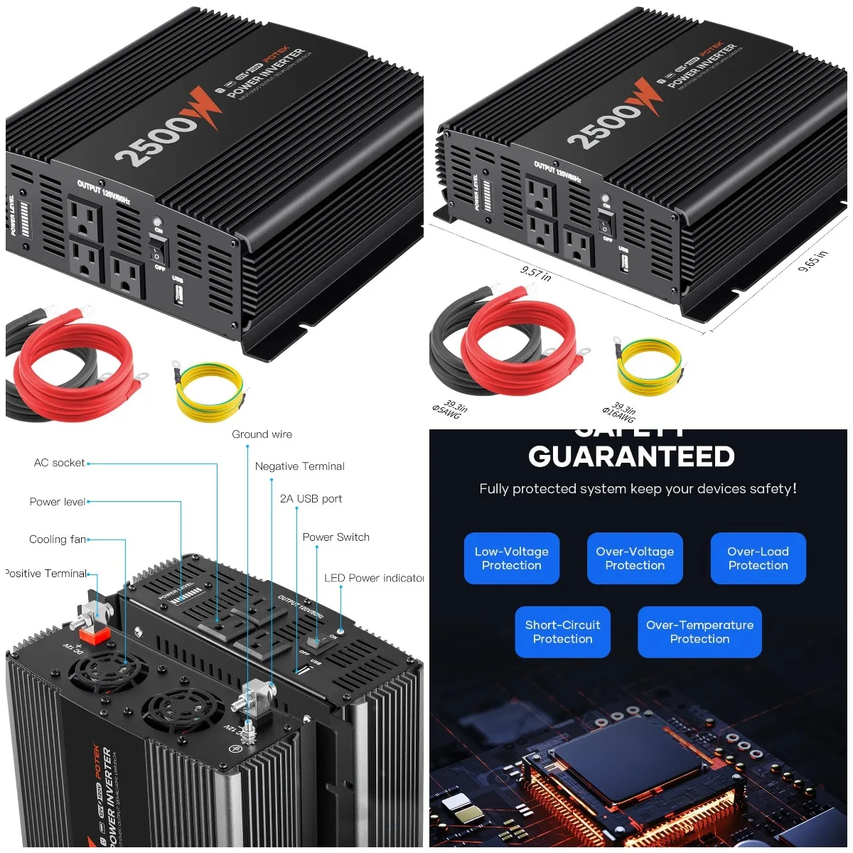 

2500W Power Inverter 12V DC to 120V AC Converter with 3 AC Outlets