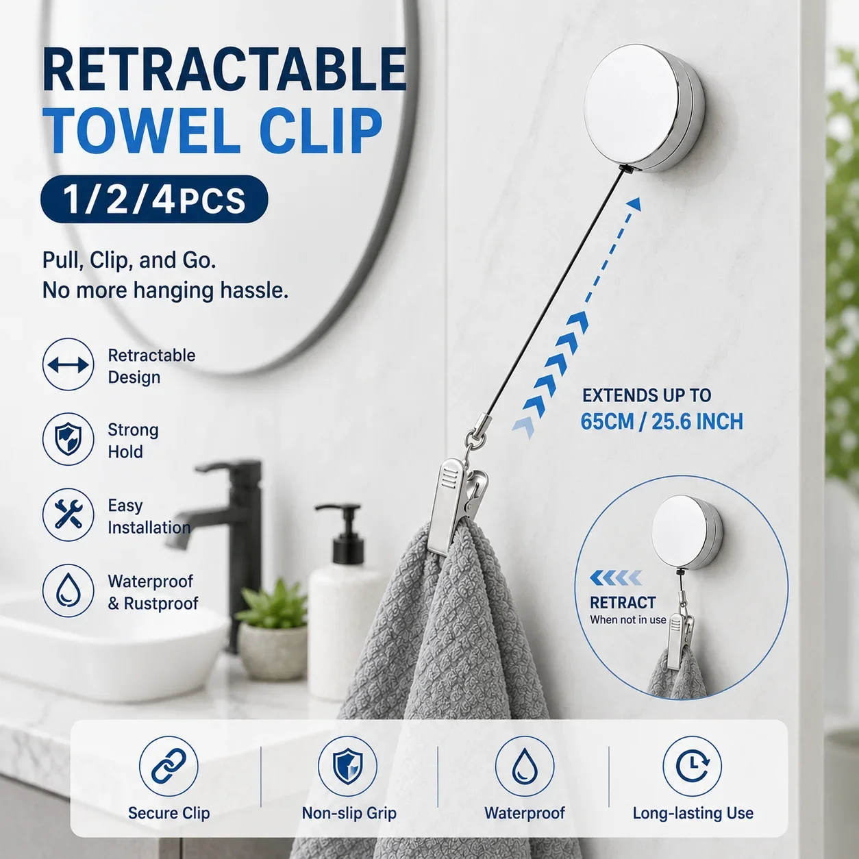 1/2/4pcs Self-Adhesive Automatic Retractable Towel Rack Wall-Mounted Hand Towel Holder Multifunctional Convenient Towel Clip